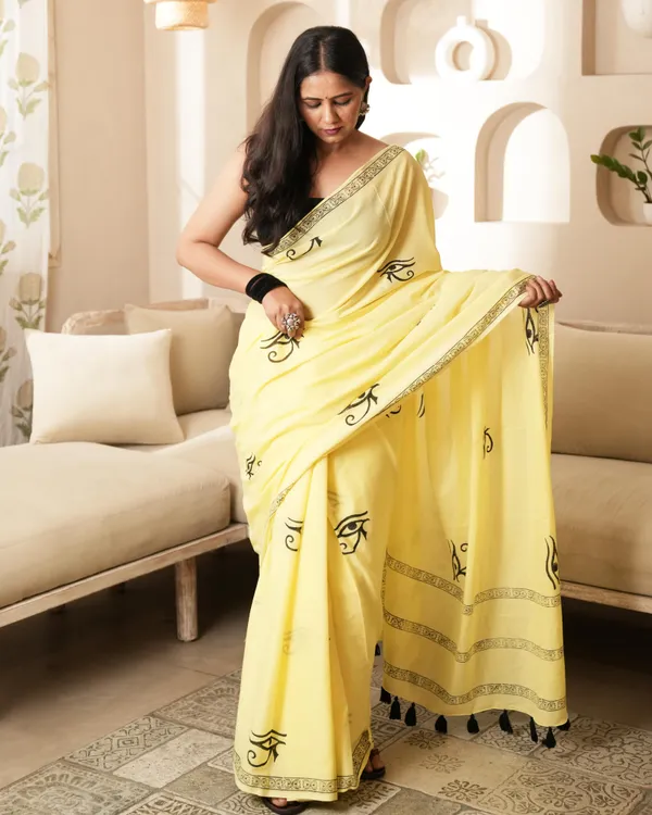 Yellow_Cotton_Spiritual_Eye_H_Block_Print_Mul_Saree_With_Tassels_For_Women